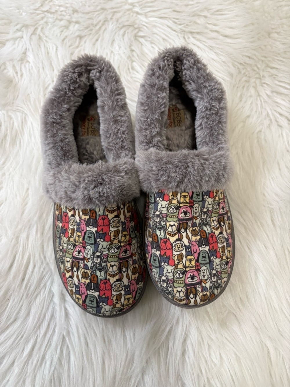 Skechers Bobs Too Cozy Snuggle Rovers Dog Faux Fur Lined Print Slippers